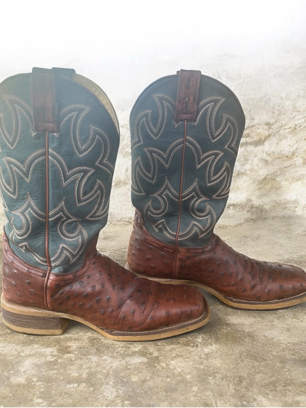Men's Two-Tone Brown Full Quill Ostrich & Dark Teal Western Boots
